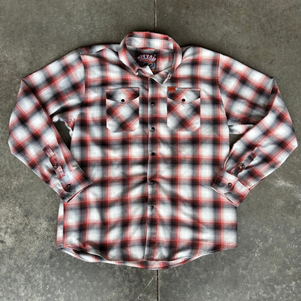 Dixxon The Eagle Pearl Snap Flannel Shirt Men's XL Orange Black Plaid Outdoor